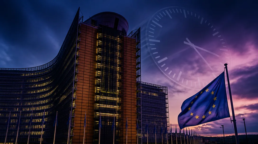 EU-kommissionens byggnad i Bryssel med AI-symbol och klocka som symbol för implementeringstidslinje