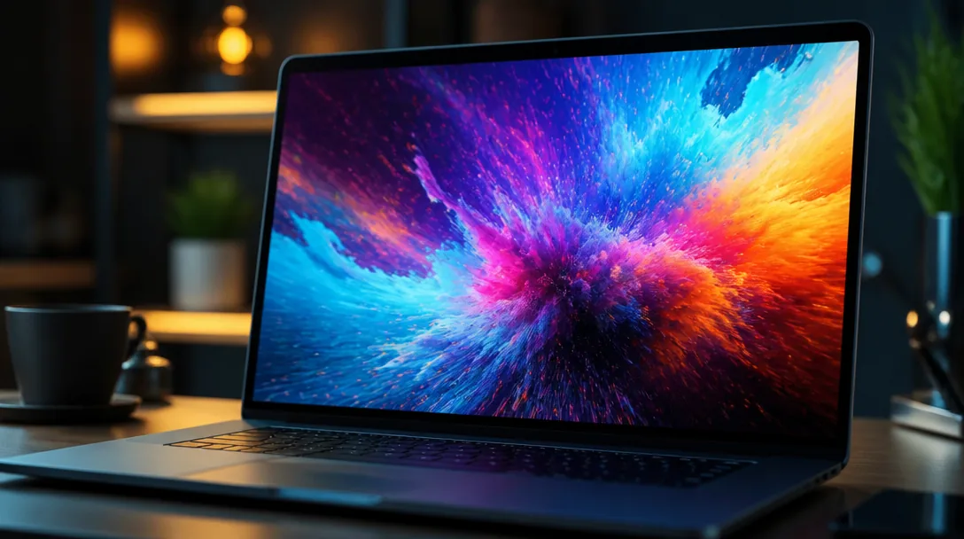 Laptop-skärm visar abstrakt AI-genererat digitalt konstverk utan text