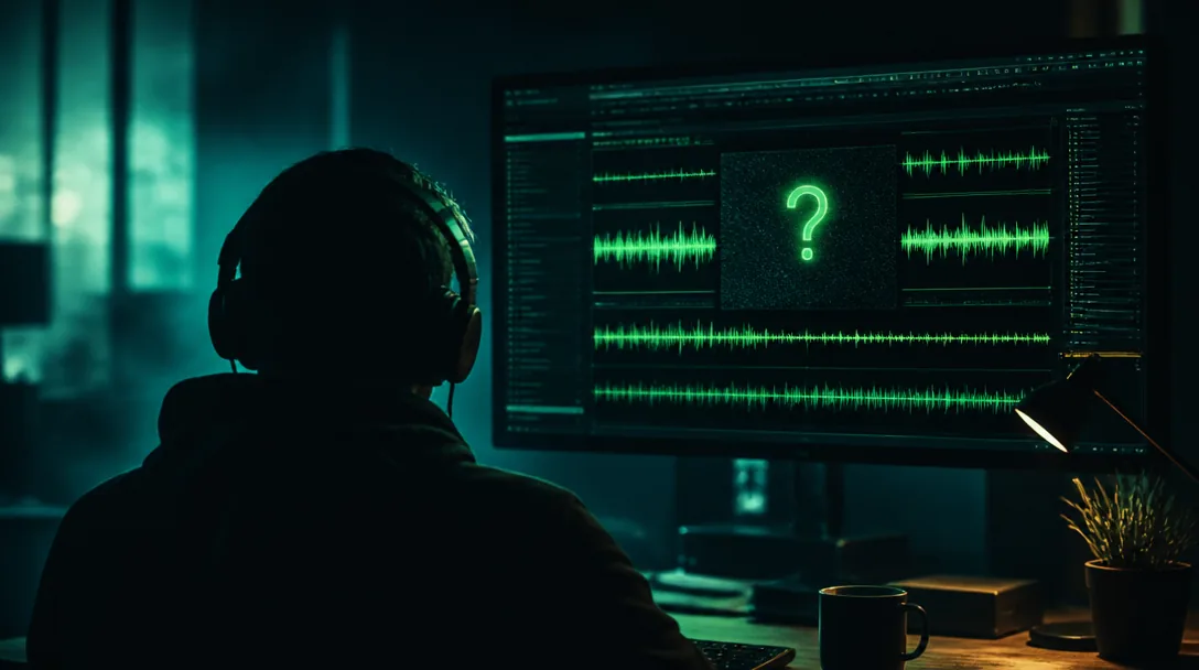 Datorskärm med musik-vågformer och ett frågetecken istället för artistfoto