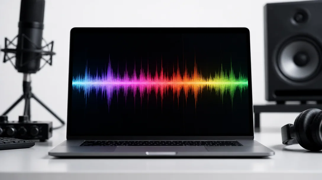 Abstrakt ljudvåg och musikproduktionsgränssnitt på datorskärm utan läsbar text