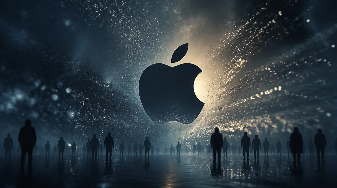 Apple-logotyp på mörk bakgrund med suddig AI-visualisering