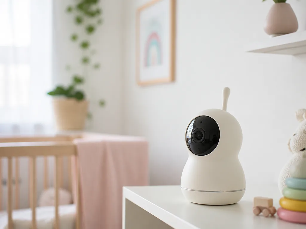 Modern babyvakt med färgdisplay på en vit hylla i ett ljust barnrum med mjuk naturlig belysning