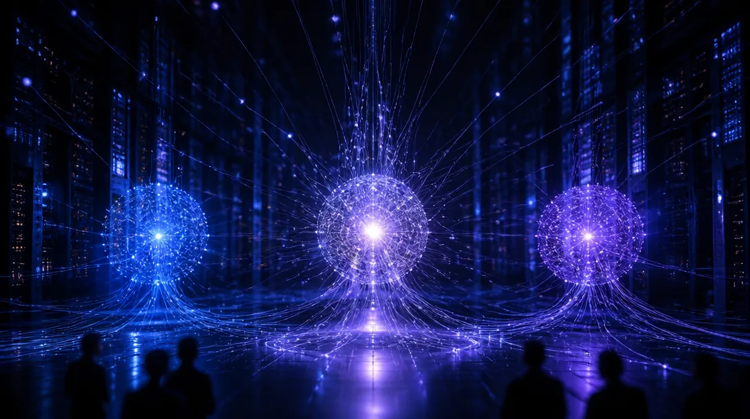 Abstrakt visualisering av tre AI-modeller i blålila datacenter-ljus