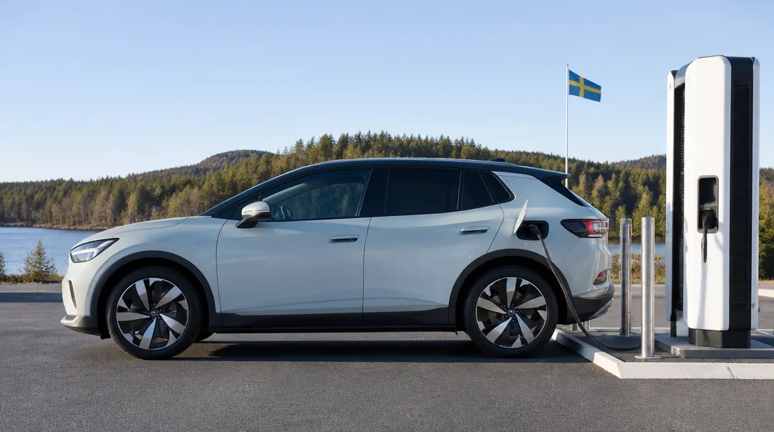 Modern elbil vid snabb laddstation i Sverige