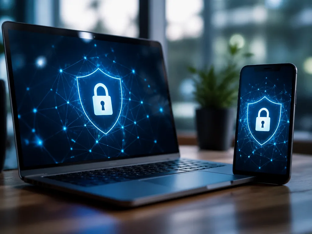 Bärbar dator och mobil på ett skrivbord som visar en aktiv, krypterad VPN-anslutning