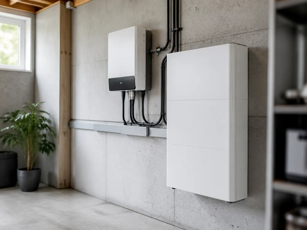 Vitt hembatteri för solceller monterat på källarvägg bredvid en hybridväxelriktare