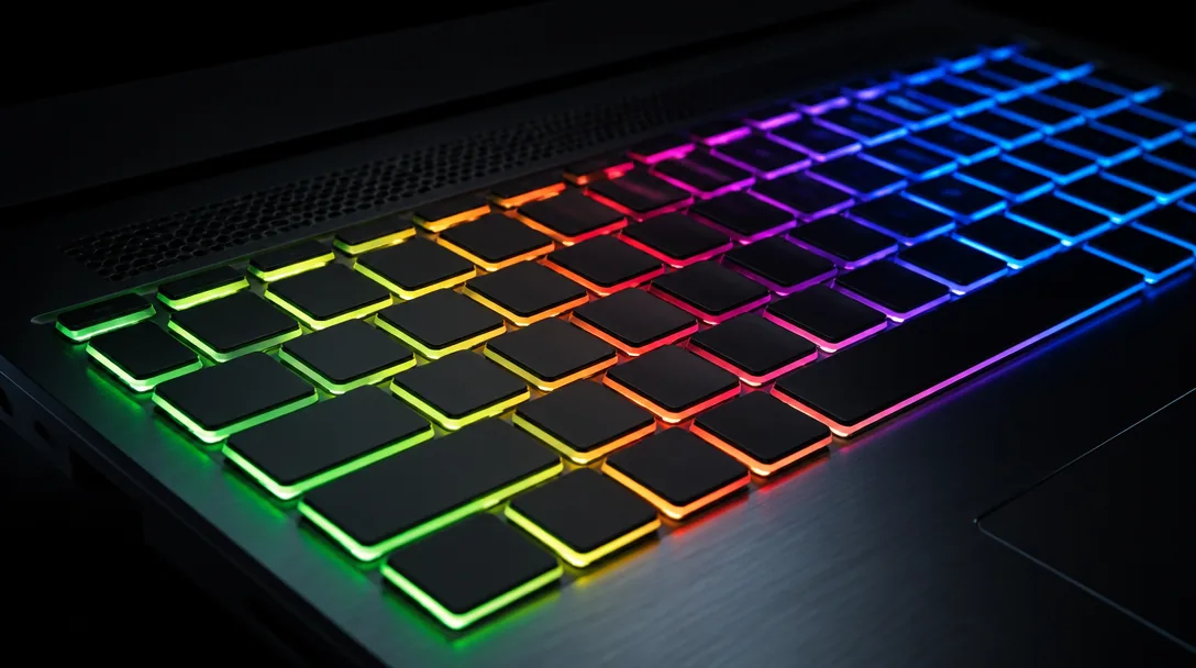 Närbild på gaming laptop-tangentbord med RGB-belysning