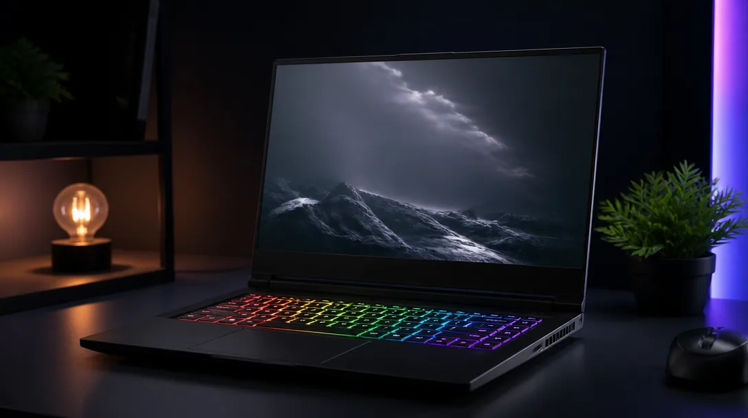 Gaming-laptop på skrivbord med RGB-belysning, inga synliga logotyper