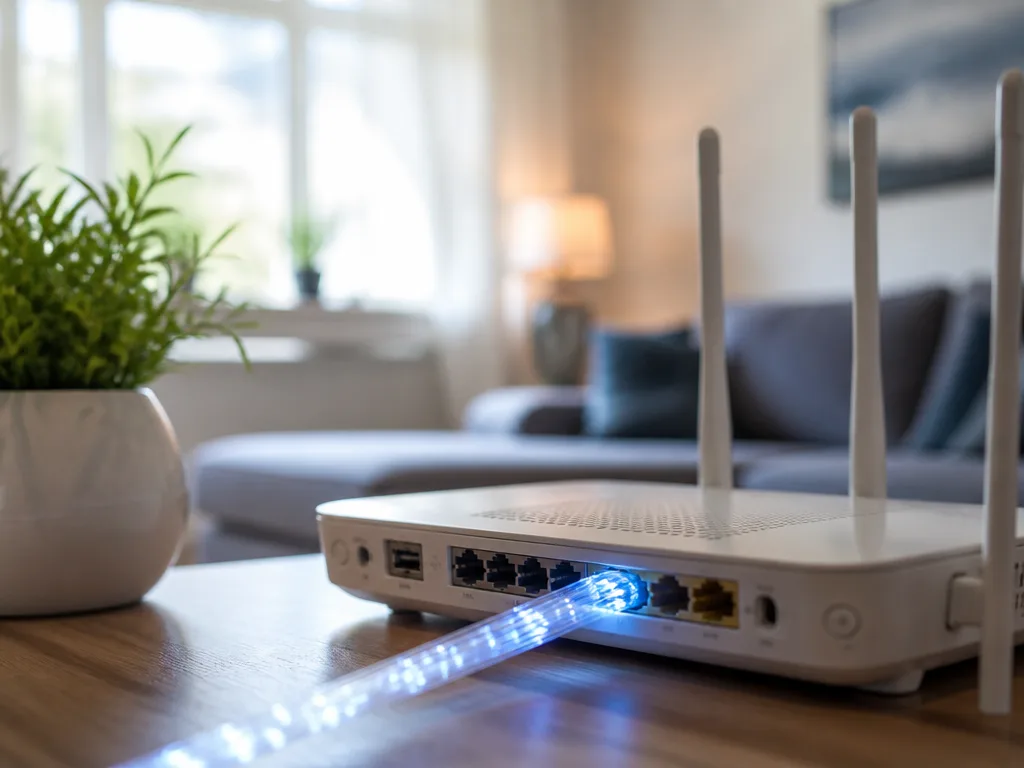 Fiberoptisk kabel som lyser upp en modern router i ett mysigt vardagsrum