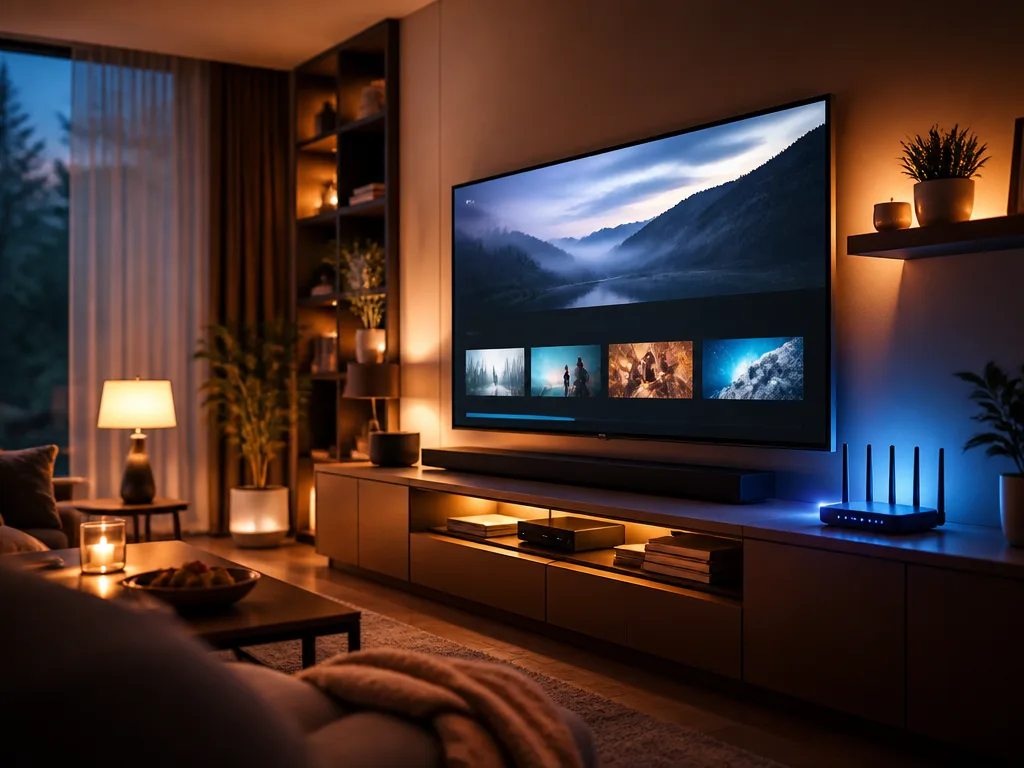 Mysigt vardagsrum med en smart-tv och en wifi-router som lyser varmt på en hylla i kvällsljus