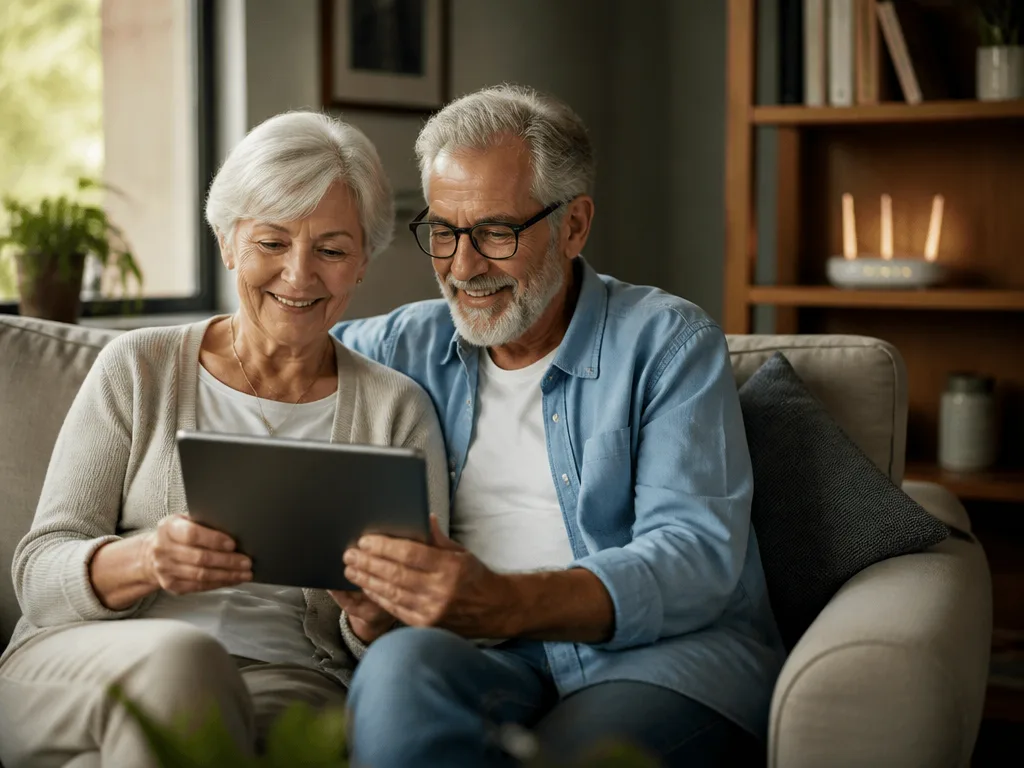 Pensionärspar sitter avslappnat i soffan och kollar en surfplatta, med en wifi-router som lyser varmt på en hylla i bakgrunden