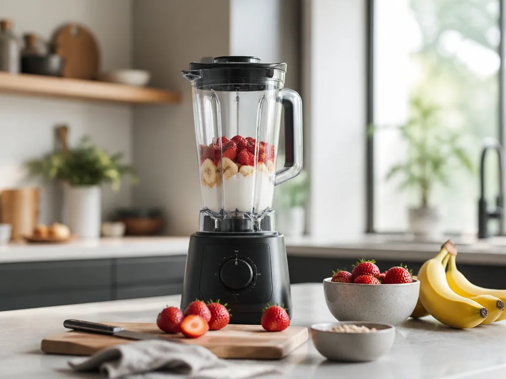 Modern blender med glasskanna och färska frukter på skandinavisk köksbänk