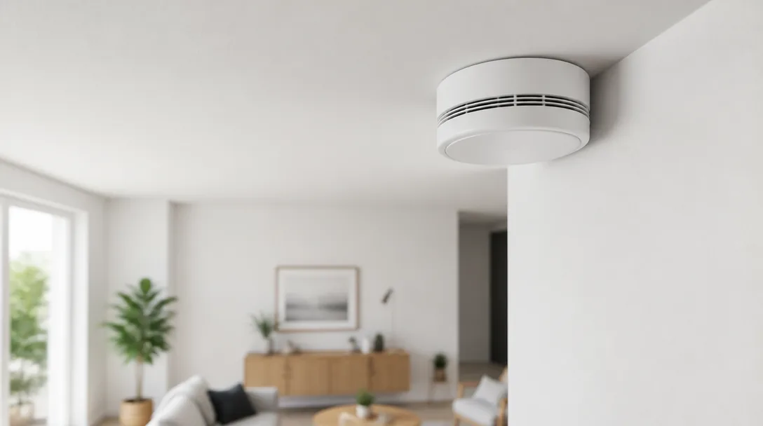 WiFi-ansluten smart brandvarnare monterad i takets hörn i modernt vardagsrum