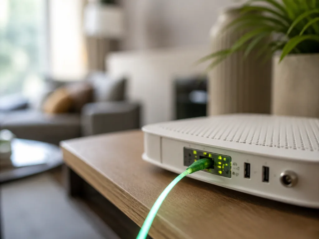 Fiberrouter med tända statuslampor och inkopplad fiberkabel i ett hemmiljö