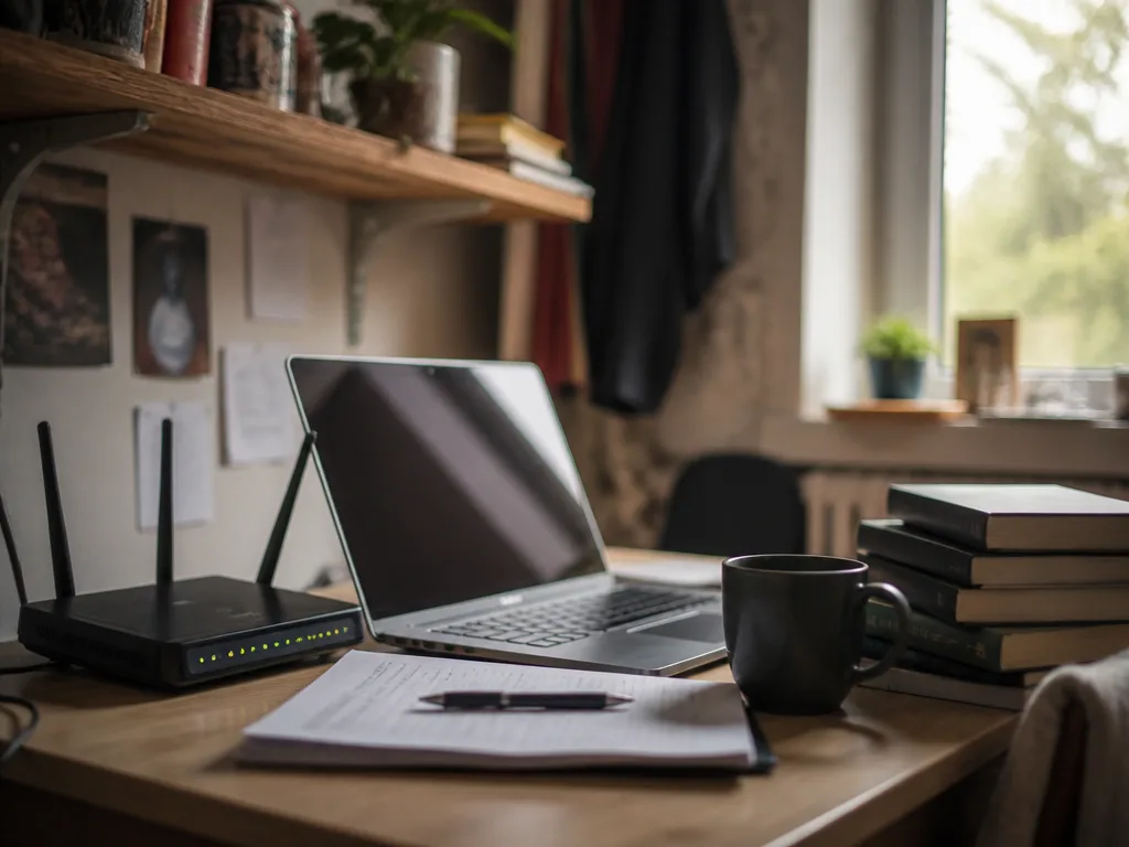 Studentrum med skrivbord, laptop och en wifi-router med lysande lampor i varmt fönsterljus
