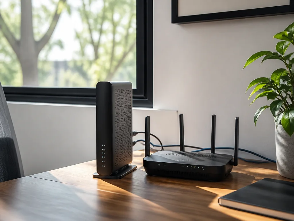 Fiberrouter och modem på ett skrivbord i hemmakontor med prydligt dragna kablar