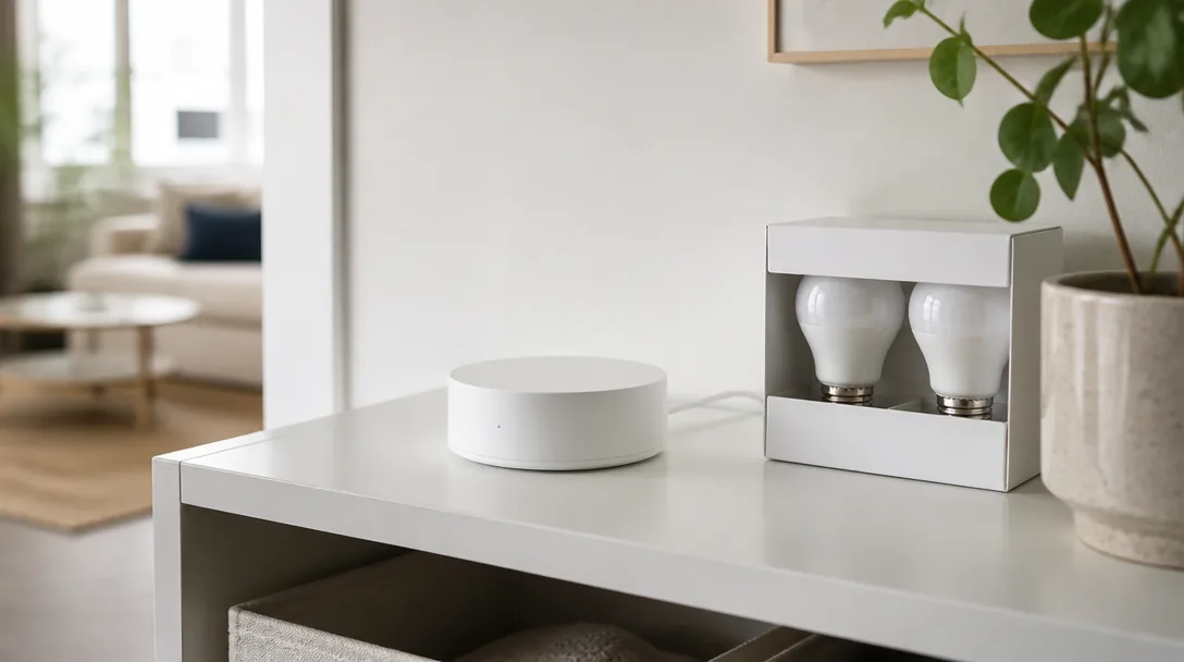 IKEA DIRIGERA-hubb på vit hylla bredvid smart lampa i modernt skandinaviskt hem