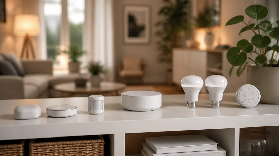 IKEA smarta hemprodukter på hylla i modernt skandinaviskt vardagsrum