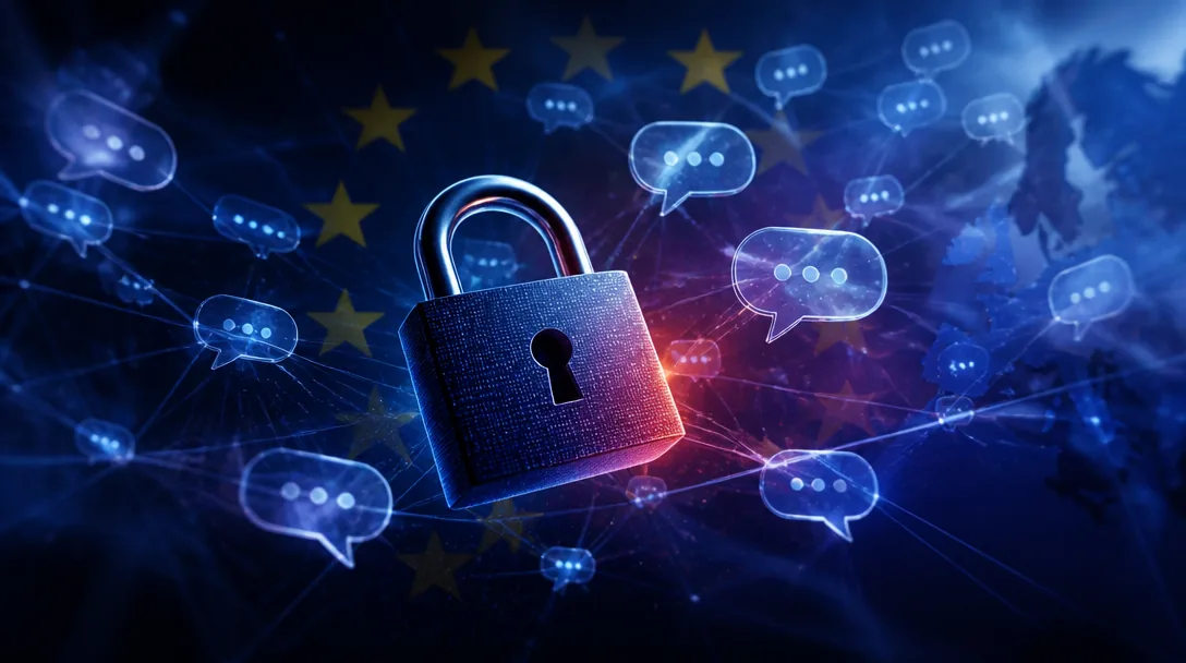 Låst hänglås framför ett digitalt nätverk av meddelandebubblor med EU-symbolen synlig i bakgrunden