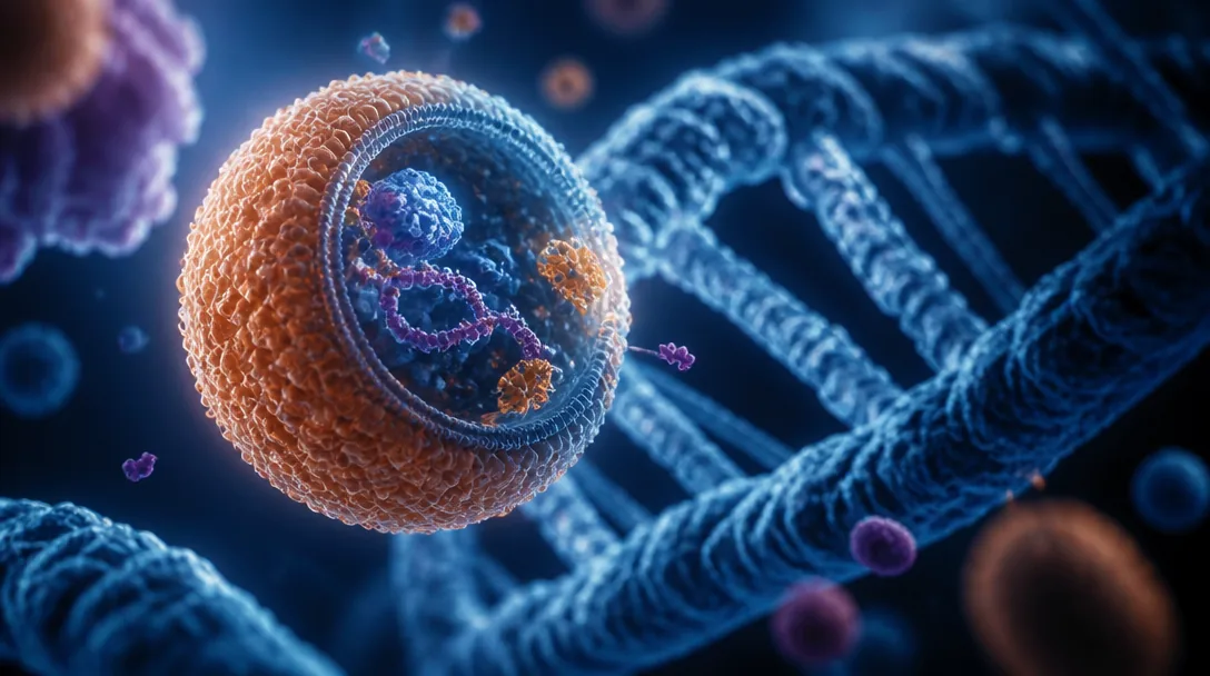 Närbild på en lipidnanopartikel med CRISPR-komponenter mot en mörkblå bakgrund med DNA-struktur