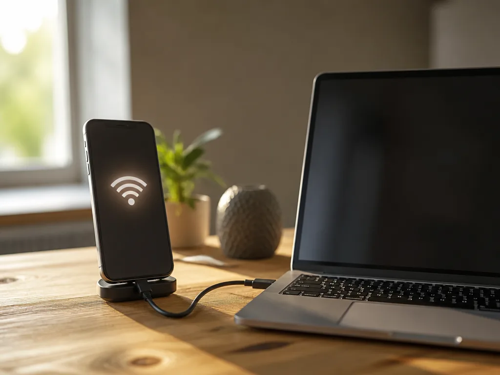 Mobiltelefon och bärbar dator uppkopplade sida vid sida på ett träskrivbord i naturligt fönsterljus