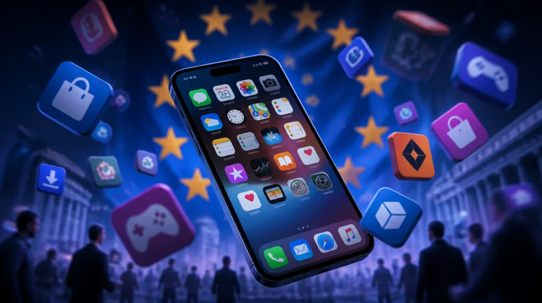 Apple App Store-ikonen omgiven av alternativa app marketplace-logotyper mot EU-flagga