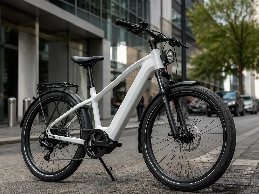 Modern elcykel parkerad på stadsgata i naturligt ljus
