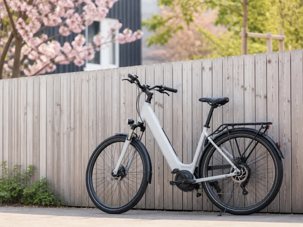 Modern elcykel med lågt insteg parkerad mot ett skandinaviskt trästaket i vårljus