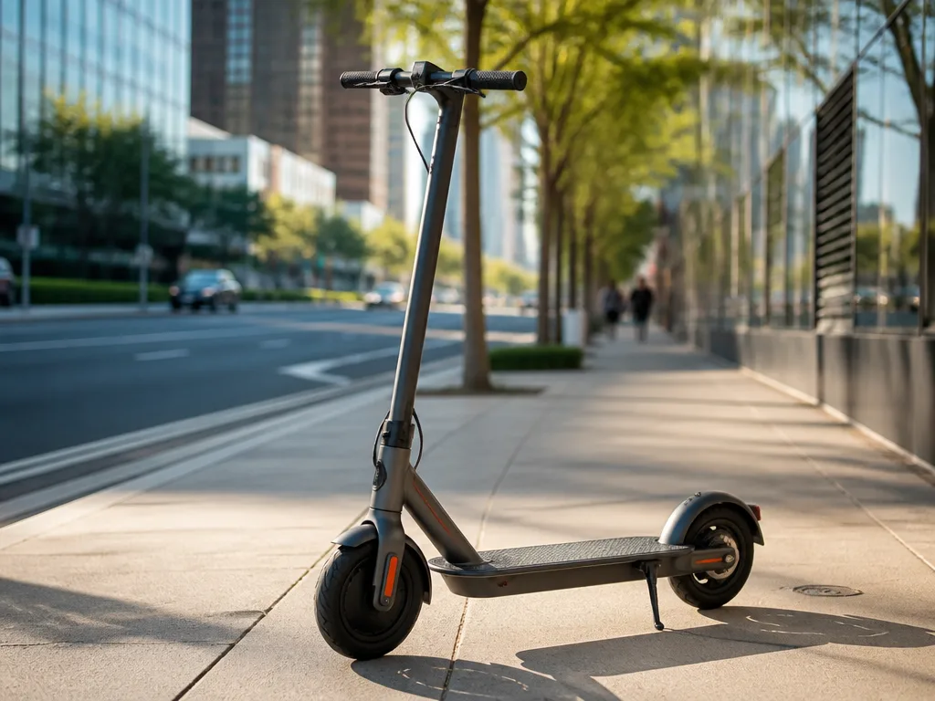 Modern elsparkcykel parkerad på stadsgata i solsken