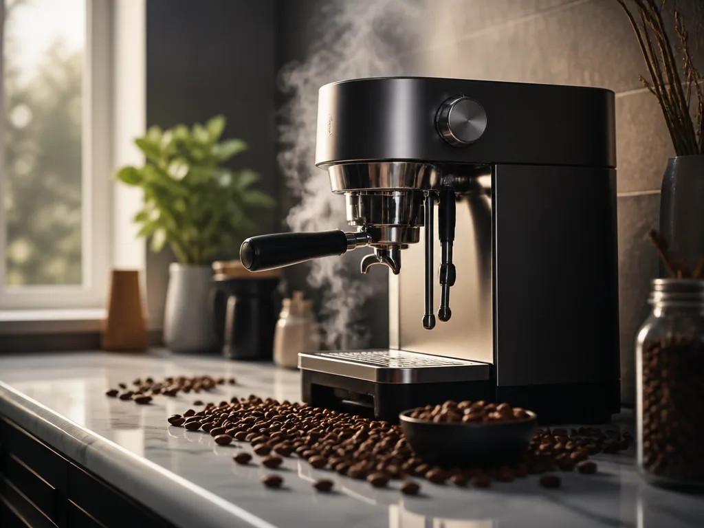 Modern espressomaskin på marmorbänk med kaffebönor och ånga från portafilter i naturligt ljus