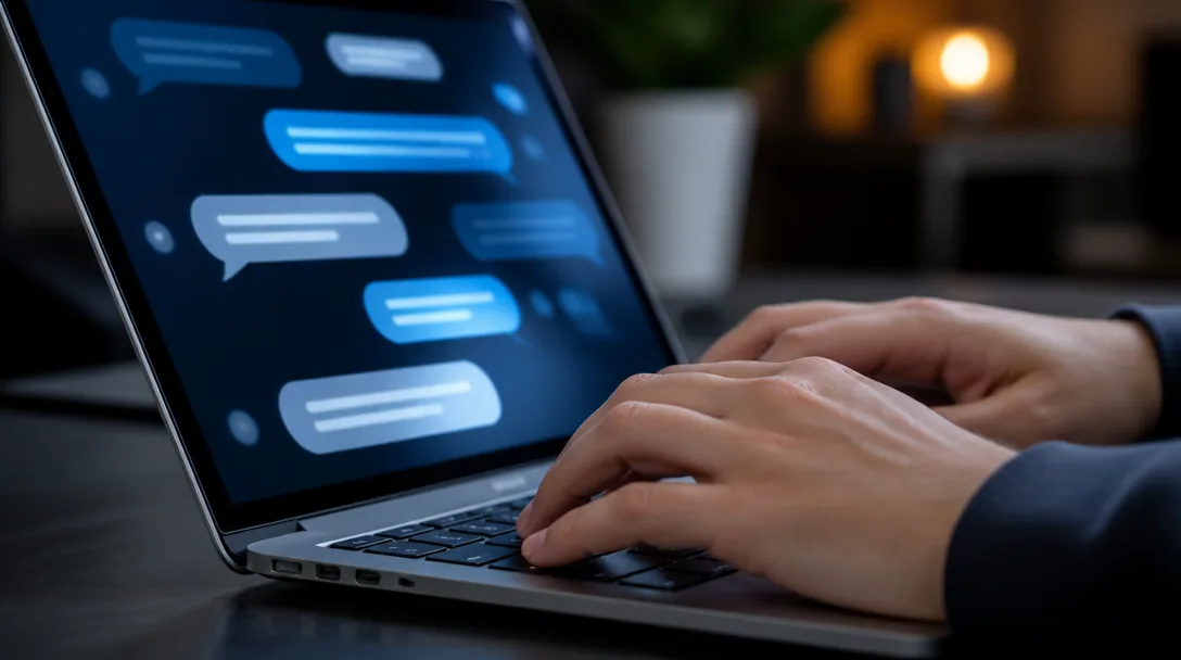 Händer på laptop-tangentbord med glödande abstrakt chattgränssnitt i blått och vitt på skärmen