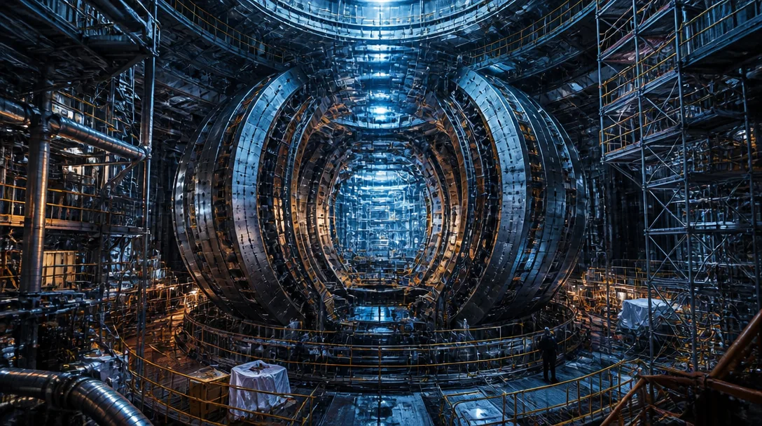 Tokamak-reaktor under konstruktion med synliga supraledande magneter och kryostat-struktur