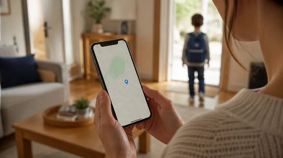 Förälder kontrollerar barnets GPS-position i mobilapp med karta på skärmen