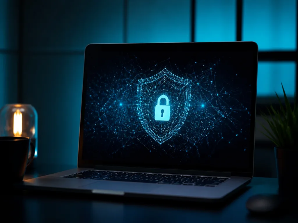 Laptop på ett skrivbord som visar en digital låssymbol som representerar en krypterad vpn-anslutning