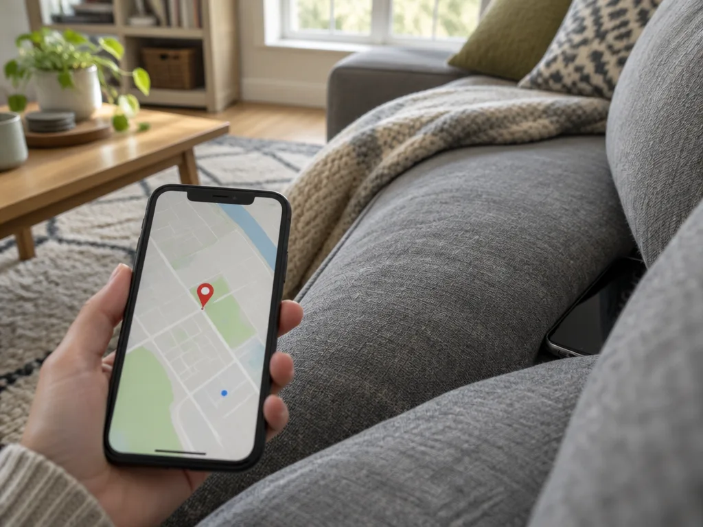 Hand som håller en mobil med en karta och platsmarkör medan en annan telefon ligger gömd mellan soffkuddarna
