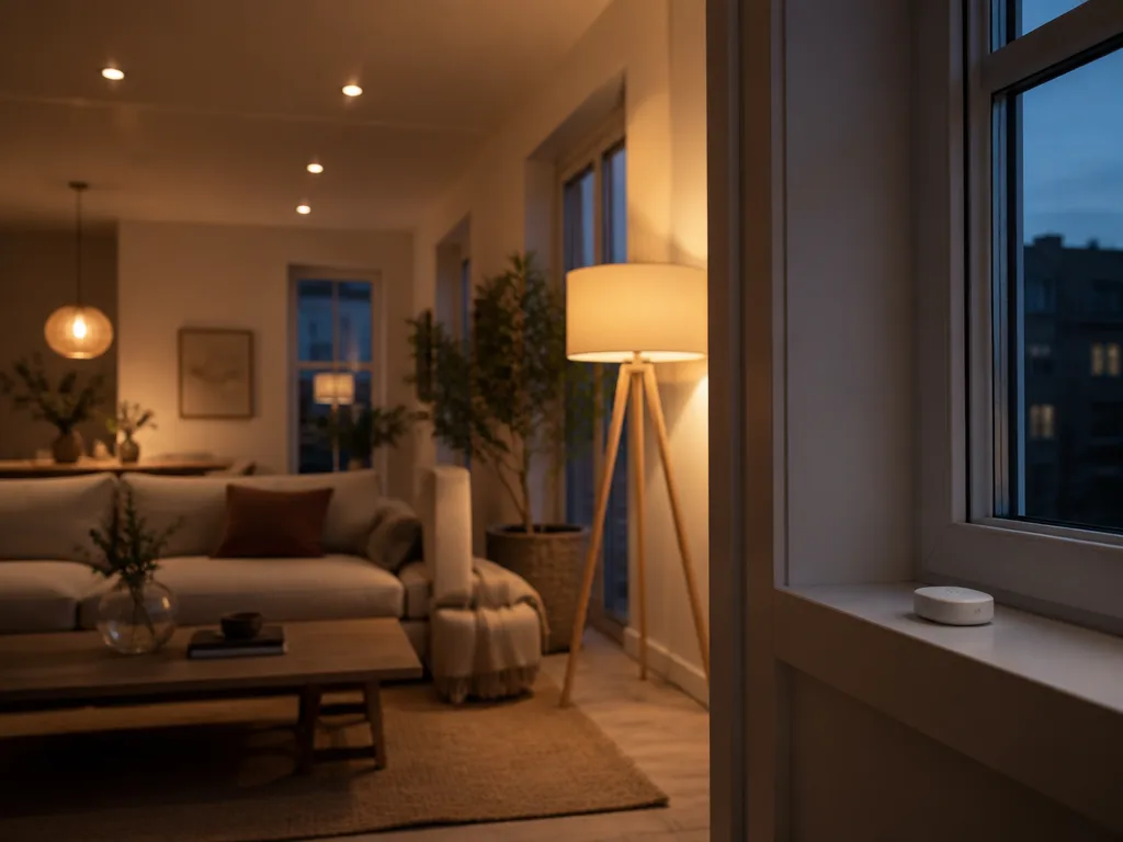 Mysigt skandinaviskt vardagsrum i skymning med varmt smart ljus från golvlampa och taklampor