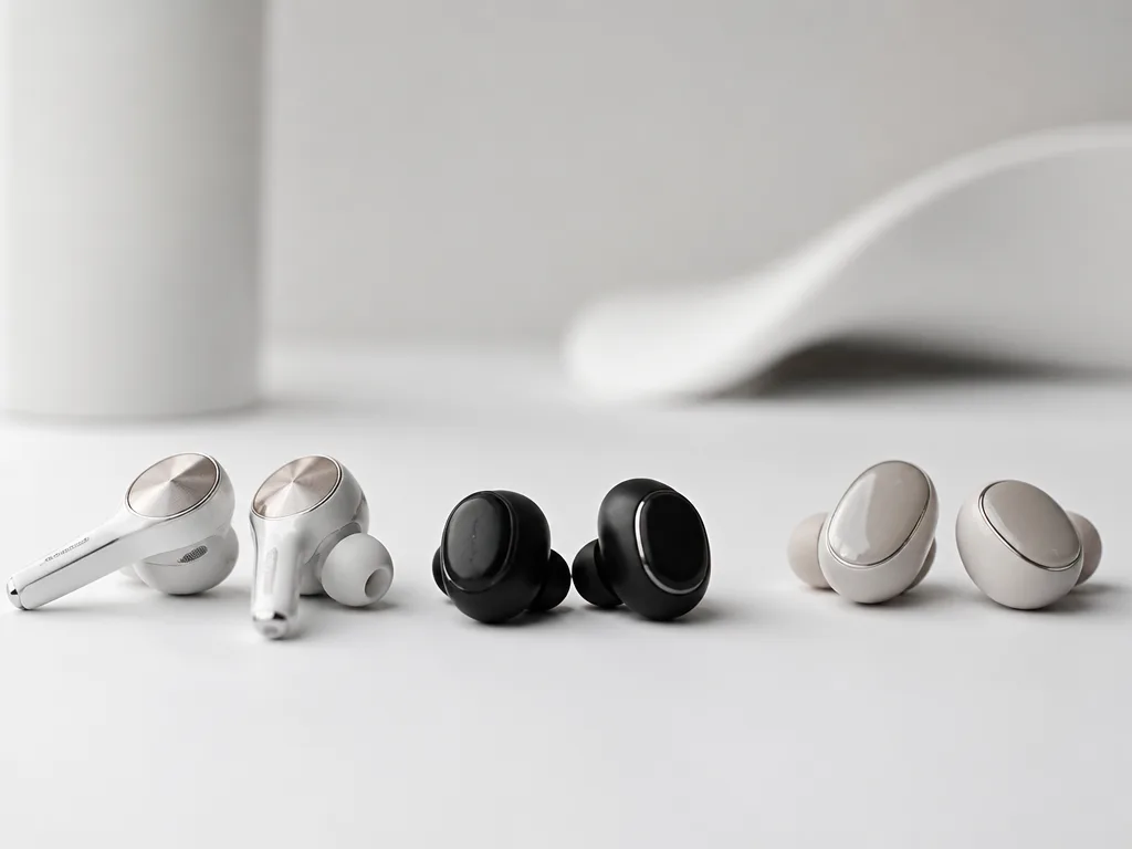 Tre par moderna trådlösa in-ear hörlurar upplagda på en minimalistisk vit yta i mjukt studioljus