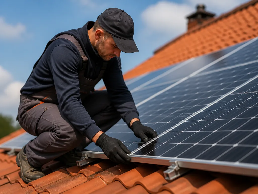 Solcellspaneler under montering på ett rött tegeltak med installatör och verktyg