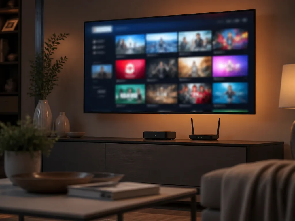 Vardagsrum med tv-skärm som visar ett kanalgränssnitt, ansluten till en tv-box och router på ett tv-bänk