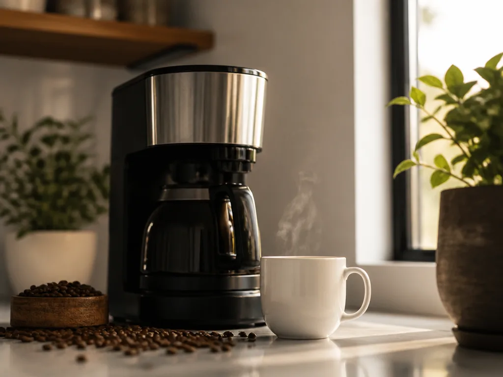 Modern kaffemaskin på köksbänk med kaffebönor och ångande mugg i naturligt ljus