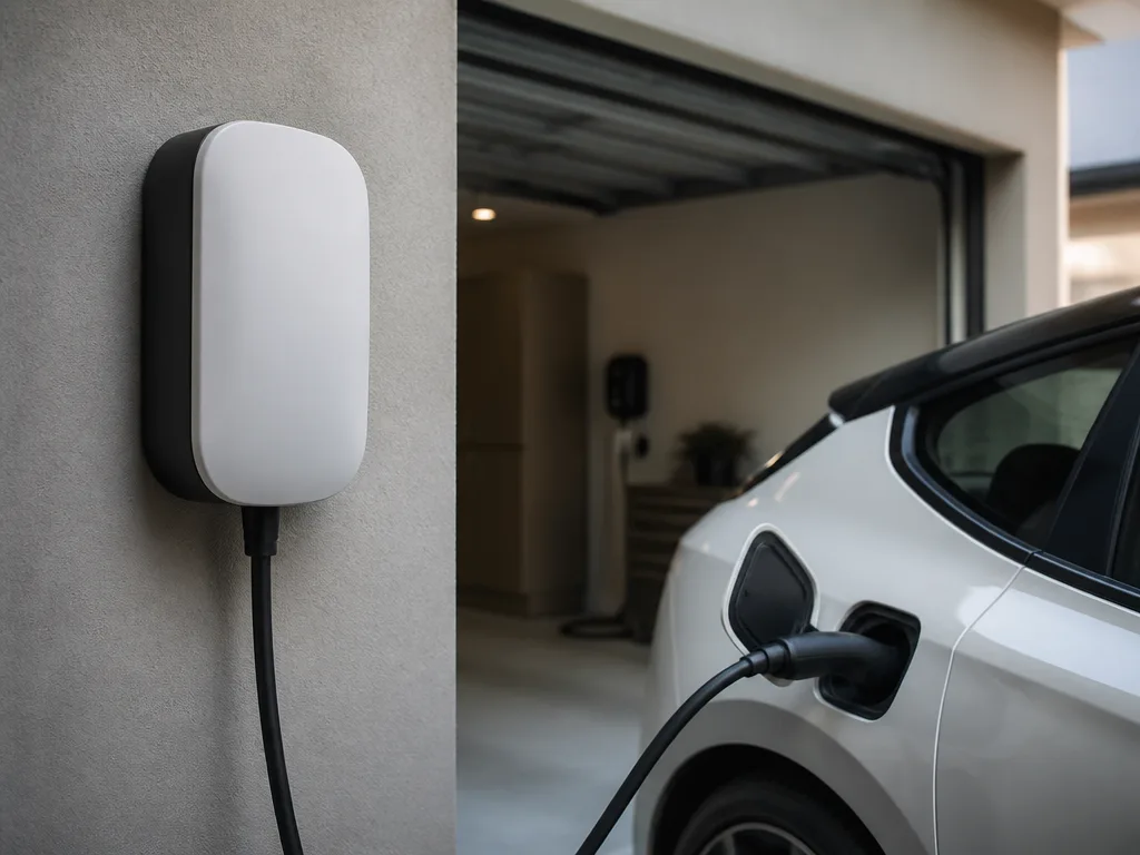 Laddbox monterad på garageväggen med laddkabel inkopplad i en elbil