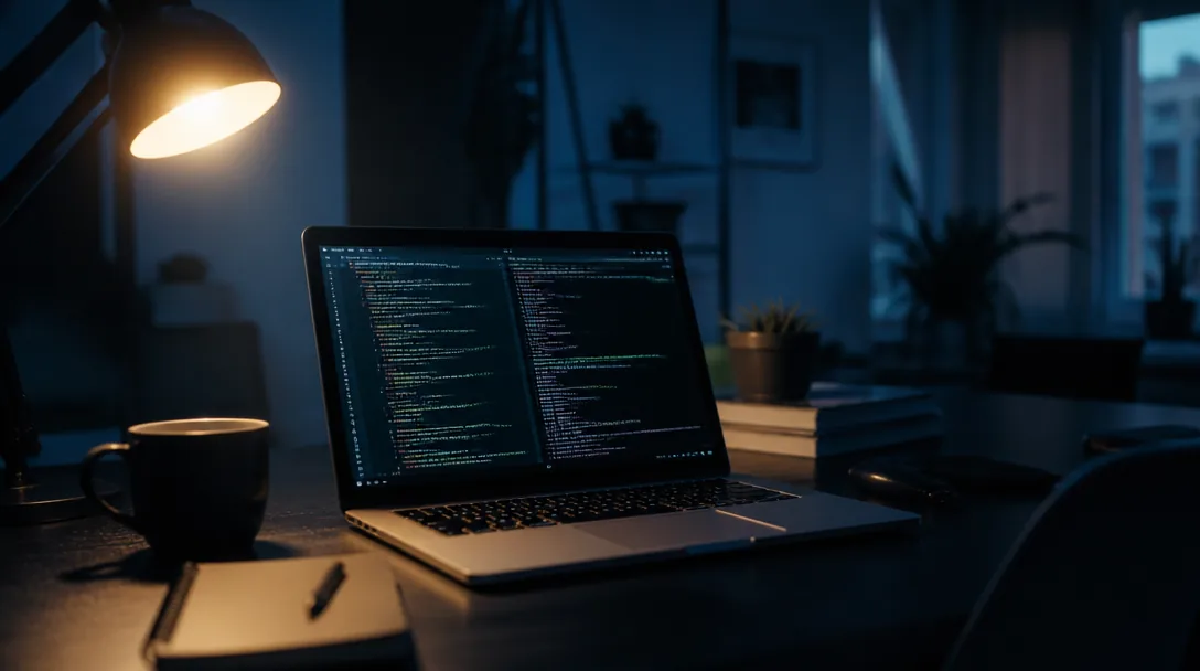 Abstrakt visualisering av lokal AI-inferens på laptop med terminalfönster och modellvikter