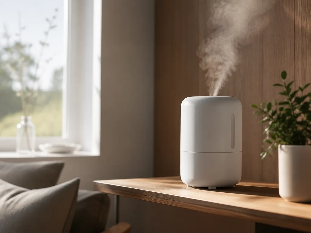 Modern luftfuktare på en trähylla med mjukt morgonljus och synlig vattenånga i ett minimalistiskt skandinaviskt rum