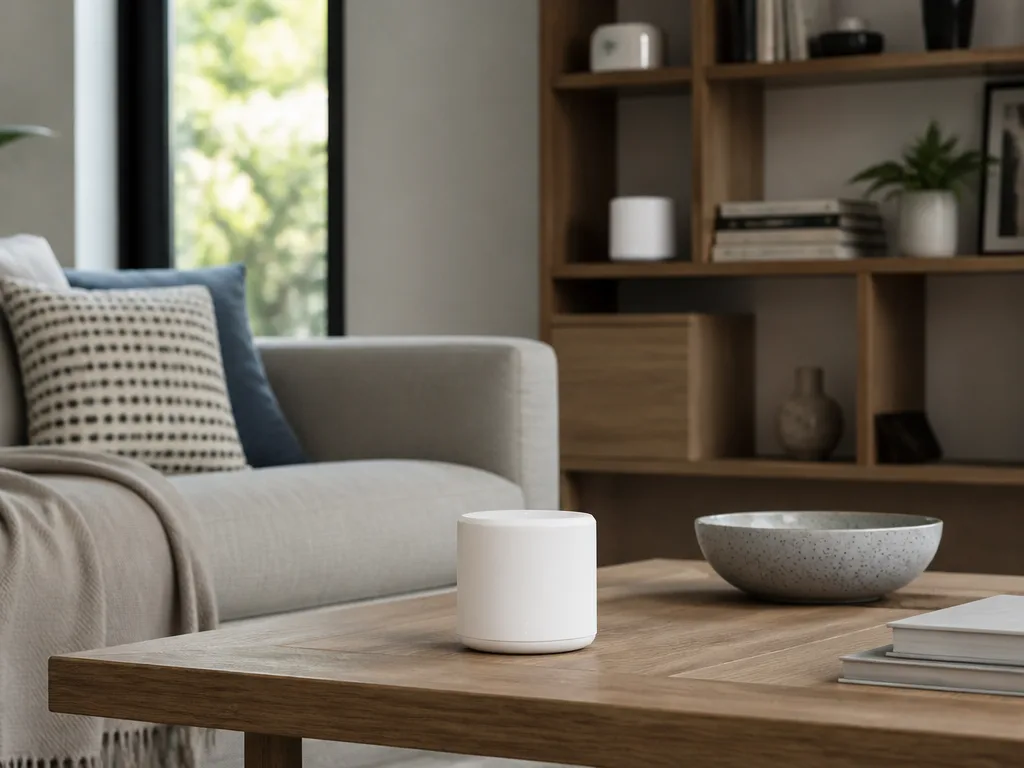 Små vita mesh WiFi-noder placerade i ett skandinaviskt hem med naturligt fönsterljus