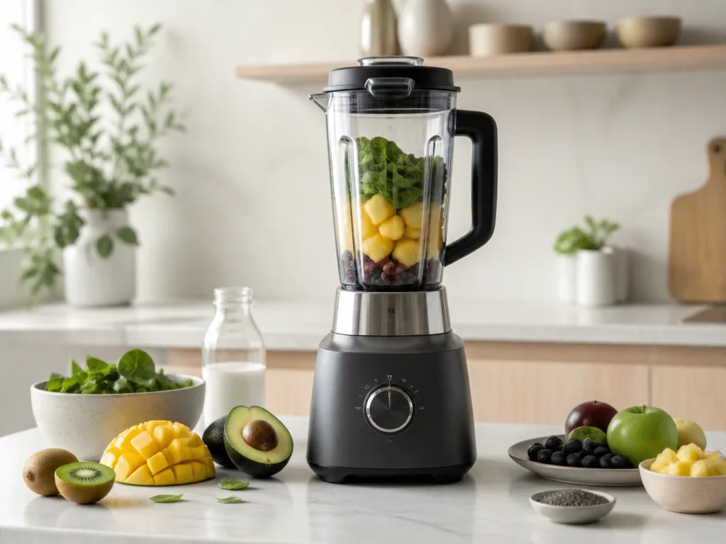Kraftfull blender med färska frukter och grönsaker på vit marmorskiva i skandinaviskt kök