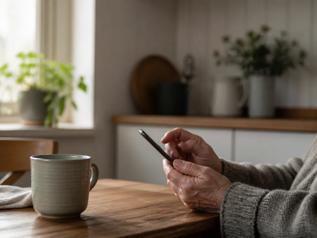 Äldre persons händer håller i en smartphone vid ett köksbord i varmt dagsljus