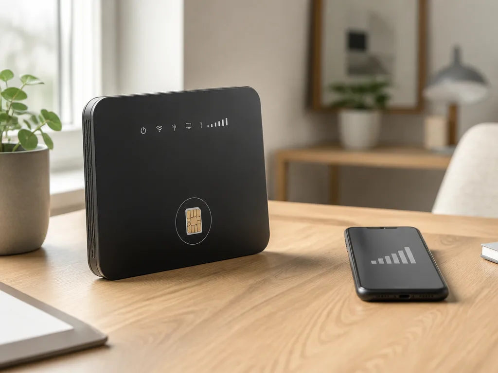 Router och mobil med signalikon på ett skrivbord, symbol för mobilt bredband med kontantkort
