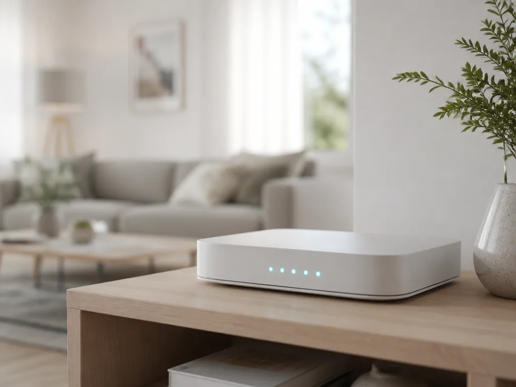 Vit wifi-router med lysande signalindikatorer på en hylla i ett ljust vardagsrum