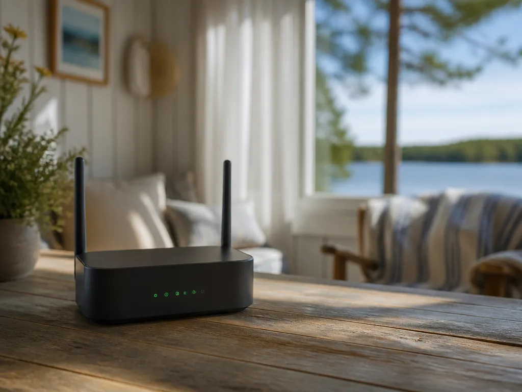 Mobil 4G/5G-router med tända statuslampor på ett träbord i en sommarstuga med sjöutsikt
