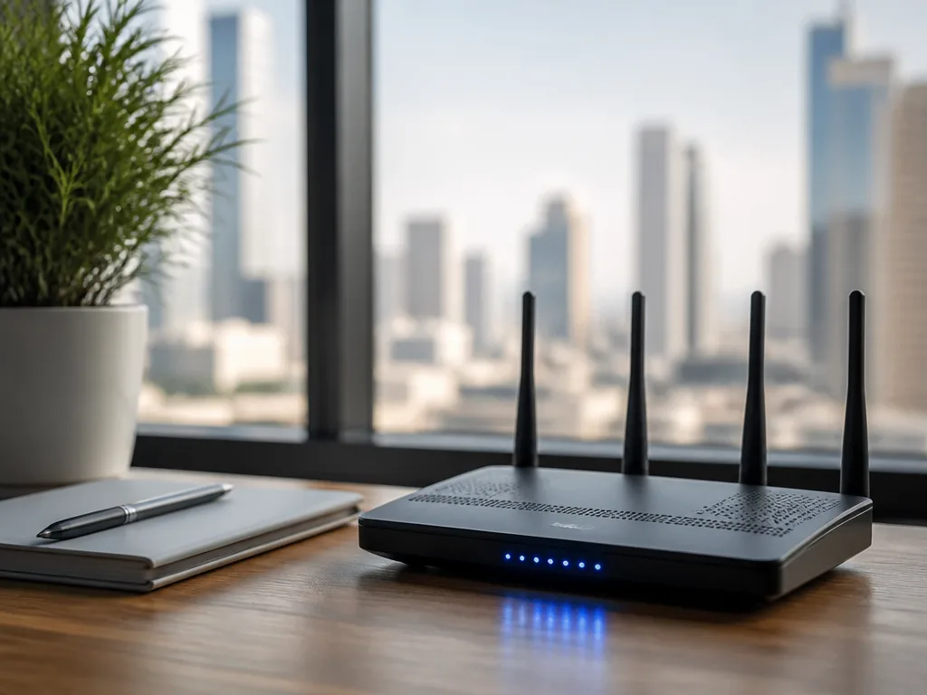 Trådlös router med lysande signalindikatorer på ett skrivbord med suddig stadsbild i bakgrunden